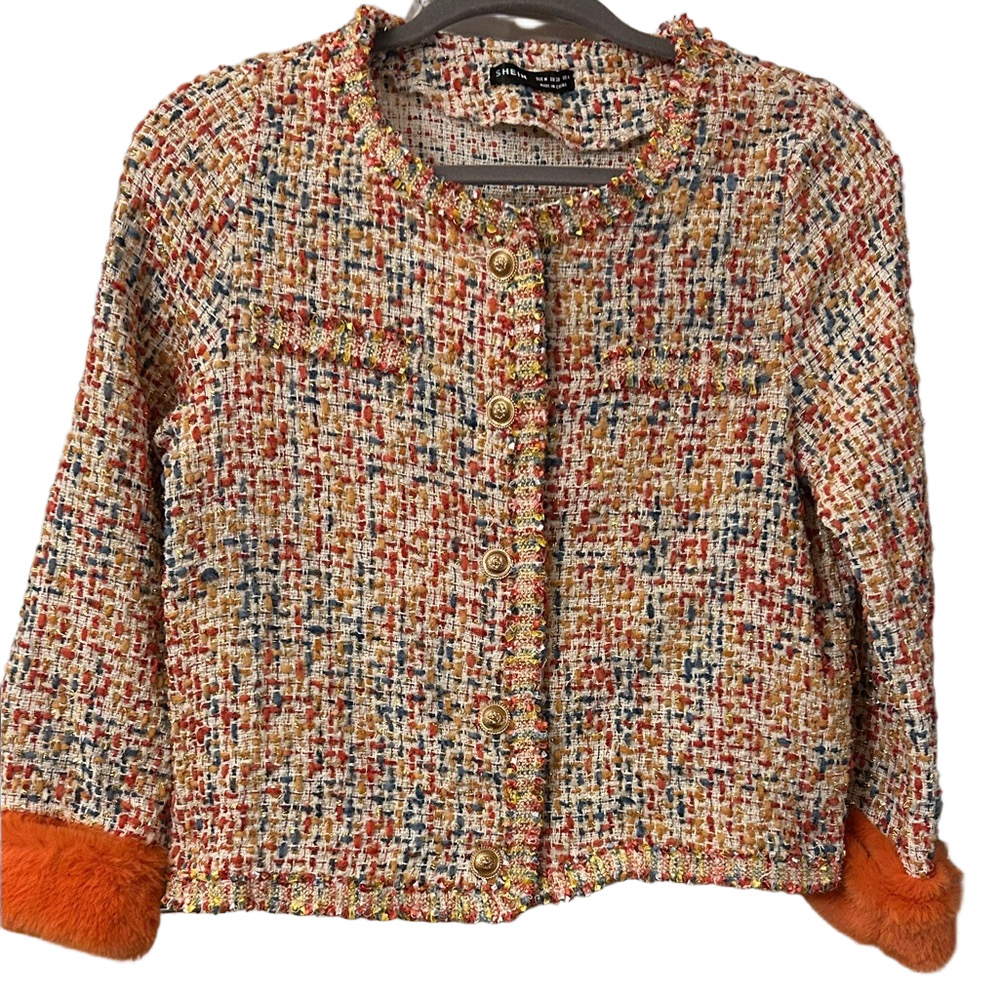 Chic Multicolor clueless Tweed Jacket with faux fur cuffs size 6